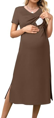 OUGES Womens 2026 Summer Short Sleeve Maternity Nursing Dress V Neck Breastfeeding Split Long Dress Pregnancy Clothes(Coffee,L)