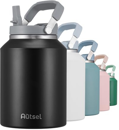 Autsel 2l Edelstahl Wasserflasche mit Griff, 2000ml Edelstahl Trinkflasche Isoliert Sportflasche auslaufsicher Metall halten Getränke heiß kalt für Camping Fitness