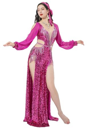 Damen-Kleid mit Pailletten und Fransen, für Tanz, Wettkampf, Bauchtanz, Performance-Kostüm, Lila, Rosenrot, M