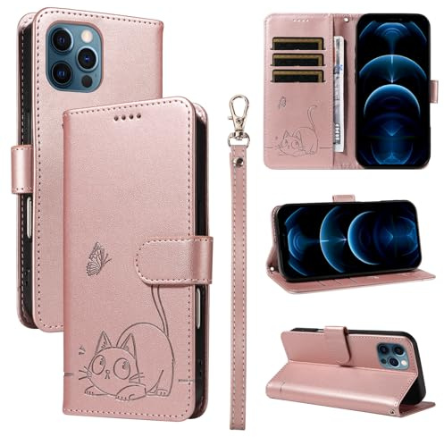 KMKJSH Leder Handyhülle Kompatibel mit iPhone 13 Pro Max 6,7 Zoll Hülle, mit 3 Kartenfächer Magnetische Wallet Klapphüllen Katze Muster Stoßfeste Tasche Case für iPhone 13 Pro Max Lederhülle (Rosa)