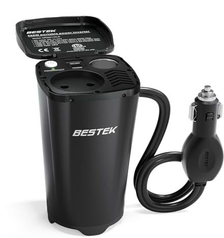 BESTEK Auto Wechselrichter 200W: Tasseförmiger KFZ-Spannungswandler 12V DC auf 230V AC Power Inverter mit 2 USB-Anschlüssen & Zigarettenanzünder-Adapter für Auto/Reise – Kompakt & Leistungsstark