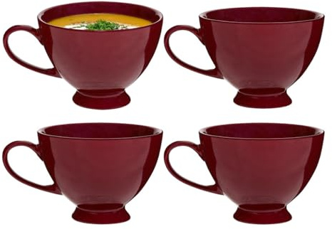 Dibor Large Soup Bowl Mugs Set of 4 600ml/20oz Crockery Gift Set (Red) | Dishwasher Safe, Microwave Safe, Footed Mug, Soup Bowl Breakfast, Lunch, Dinner, Stoneware, Ceramic, Large