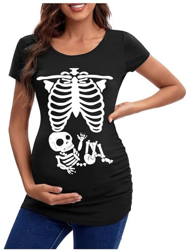 T-Shirt Femme Halloween Design Squelette pour Femmes Enceintes vêtement de Grossesse Tendance Haut Confortable et stylé Tee-Shirt Original et Unique (Black, XL)