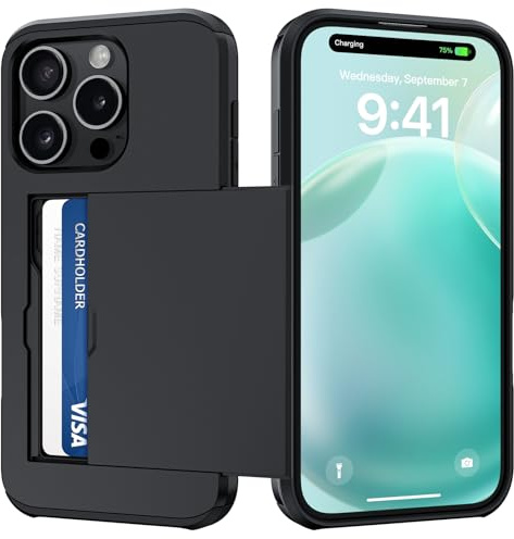 nicekool Cover per iPhone 15 Pro con Porta Carte, Custodia Slot Nascosto Scorrevole, Resistente Grado Militare, Antiurto Anti-Graffio Bumper, Silicone TPU per telefono Case, Nero