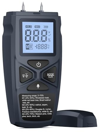 Garosa Humidimètre pour Bois, Thermomètre de Haute Précision avec écran LCD, Réponse Rapide et Conservation des Données pour les Menuisiers et les Charpentiers (BLACK)