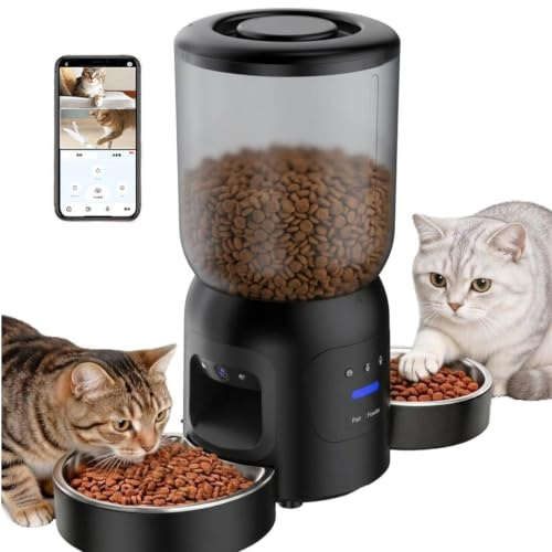 BrooBirder 6L Automatic Cat Food Dispenser 2 Bowls, Two Camera 2K Night Vision, 2-Way Audio, WIFI App Control Battery-Backup, Customisable Alarm Zones, Matte black