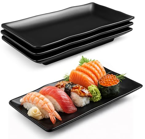 Chingcoo Rektangulär svart tallrik av melamin, serveringsplattor för sushi, förrätter, desserter, sallader, frukt och sidorätter, stapelbara, robusta och diskmaskinssäkra (4 st)