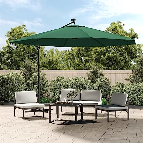 Ampelschirm 350 cm Grün mit 24 LED-Leuchten, Metall-Mast, UV-Schutz Polyester-Bespannung, idealer Sonnenschutz für Terrasse, Garten & Außenbereich, Kippbar mit Kurbelmechanismus