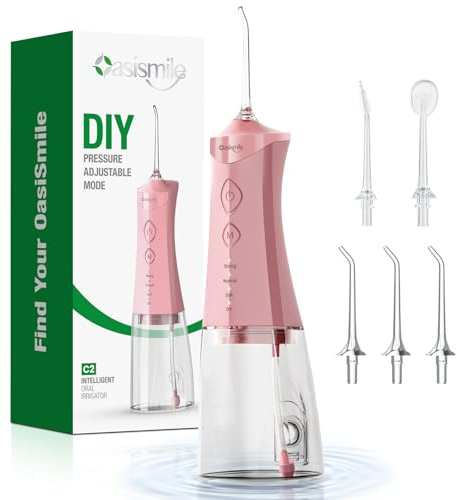OasiSmile C2 Jet Dentaire Hydropulseur Portable, Réservoir de 350 ml,Rose | Irrigateur Oral Rechargeable, 4 Modes & DIY Pression Réglable, Étanche IPX7, Favorise l’Hygiène Buccale pour Maison et Voyage