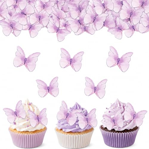 Catelves 48 Stück Lila Schmetterlinge Tortendeko Essbar, Essbare Schmetterlinge für Torte, Esspapier Schmetterling Cupcake Deko, Schmetterling Kuchen Deko Essbar für Geburtstag, Hochzeit, Babyparty