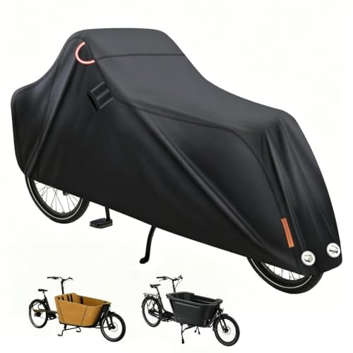 Guiwuiyu Lastenrad Abdeckung, Fahrradabdeckung Wasserdicht aus Reißfest 420D Oxford, Fahrrad Abdeckplane mit Reflektorstreifen & Schlosslöcher UV-Schutz für Lastenfahrräder(235 x 100 x 74cm)