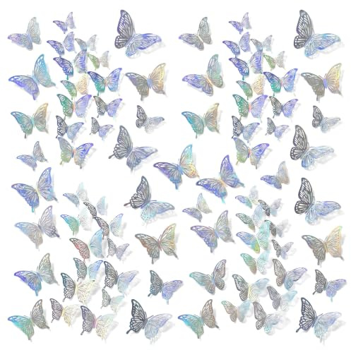 48 Stück 3D Schmetterlinge Deko Wandsticker Holografisch Silber | Schmetterling Deko 3D, Schmetterlinge zum Kleben in holografischem silber für wand, fenster, party und wohnraum