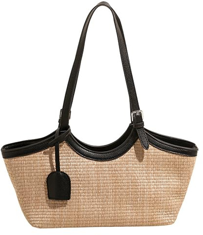 PithCogent Bolsos De Paja Para Mujer|Bolso De Mano De Paja Para Mujer, Bolso Tejido Espacioso - Monederos Y Bolsos Ligeros Con Asa De Cuero De Pu, Negro