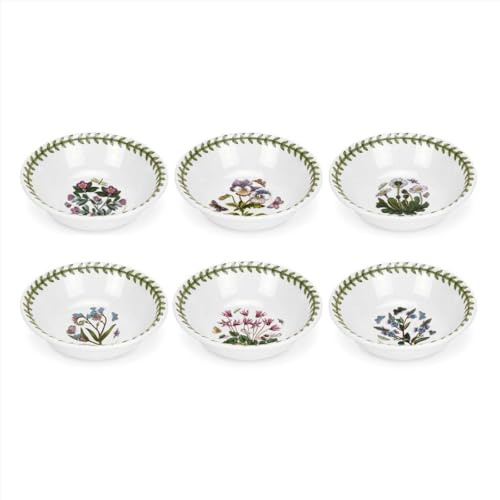 Portmeirion x Botanic Garden Set of 6 Mini Bowls - White Ceramic Floral Bowls with Laurel Leaf Border, Made in England, Stylish, Durable, Microwave & Dishwasher Safe, 13cm
