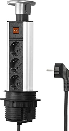 Elbe Inno Multipresa da tavolo a scomparsa con Interruttore, Diametro 80 mm, torretta a scomparsa con 3 Prese Schuko, Colonnina multipresa sottile con protezione,prese a scomparsa per ufficio, tavolo