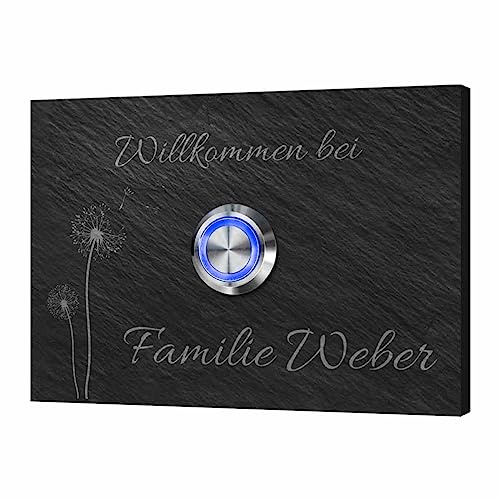 Witterungsbeständige Schiefer Türklingel mit Gravur und Motiv - Klingel Modell Weber ab 10x7 cm | Optional mit hübscher Dekorplatte aus Acrylglas und beleuchtetem Klingelknopf