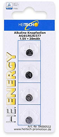 HEITECH 4er Pack AG4 Alkaline Knopfzellen Batterie 1,5V - LR66 / L626 / LR626 / SR66 / SR626 / SR626SW / 177/377 - Knopfbatterien auslaufsicher & mit Langer Haltbarkeit