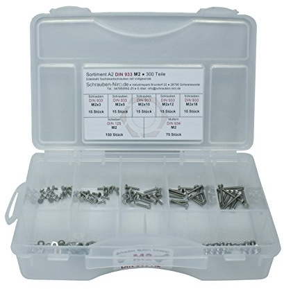 Sortiment DIN 933 Edelstahl A2 Schrauben Durchmesser M2, 300 Teile ; Aussensechskantschrauben/Maschinenschrauben, inc. Muttern DIN 934, Unterlegscheiben DIN 125, Material VA V2A
