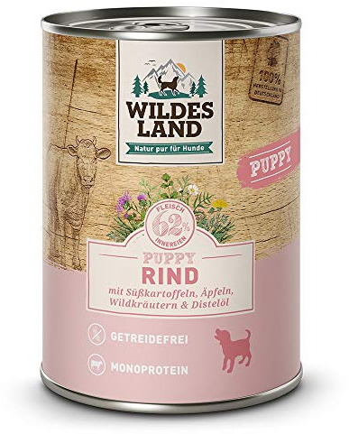 Wildes Land - Nassfutter für Hunde - Puppy Rind - 6 x 400 g - mit Süßkartoffeln, Äpfeln, Wildkräutern & Distelöl - Glutenfrei - Extra viel Fleisch - Beste Akzeptanz und Verträglichkeit