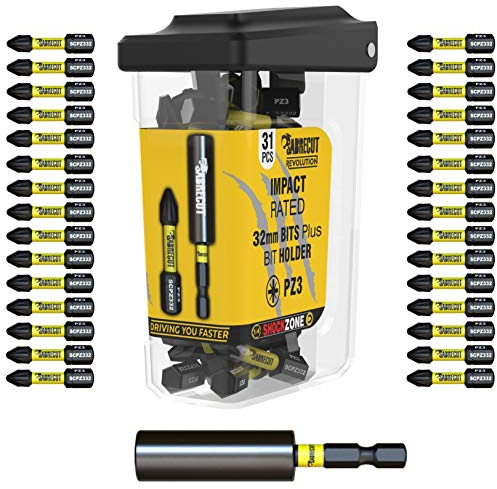 SabreCut 31pcs SCRPZ33231B 32mm PZ3 Bits & 60mm Magnetic Impact Bit Holder | Heat-treated steel, strong magnetic hold and corrosion-resistant black oxide finish provide durable high-torque use