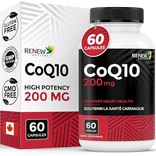Renew Actives CoQ10 Ubiquinone Supplement 200MG per Serving – Supports Heart Health, Migraine Relief, Immune System Boost Antioxidant Support & Energy – High Potency, Made in Canada - 60 Capsules
