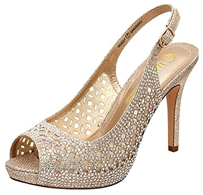 DREAM PAIRS Women's High Heels Platform Dress Rhinestones Peep Toe Pumps Shoes,Size 11,Gold/Glitter,Invest