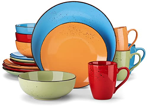 vancasso Navia Tropical Dinner Set, Stoneware Vintage Look Multicolored Dinnerware Tableware, 16 Pieces Dinner Service Set for 4, Including Dinner Plates, Dessert Plates, Cereal Bowls and Mugs