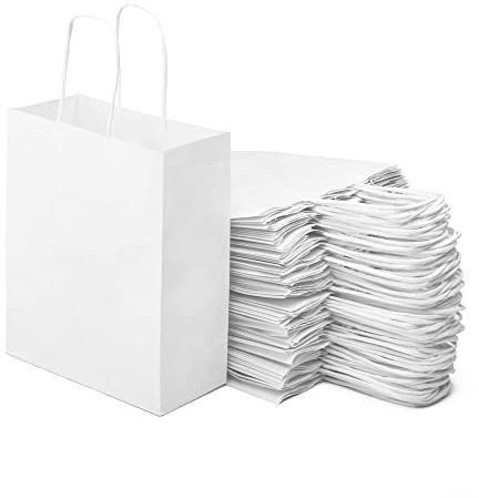 Miamex Lot de 40 Sacs Cabas Blancs en Papier Kraft avec Poignées -18 x 8 X 21 cm Sac de Courses/Emballage cadeau pour Anniversaire, Noël, Mariage... (Blanc)