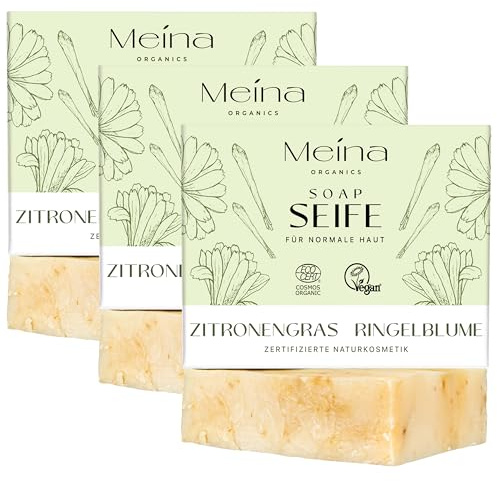 Meina Bio Seife, Naturseife mit Zitronengras, Kurkuma und Ringelblume, 100% Natürlich, Ohne Palmöl, Zertifizierte Naturkosmetik, Vegan, Handgemacht, Wie ein festes Duschgel, 3 x 100g