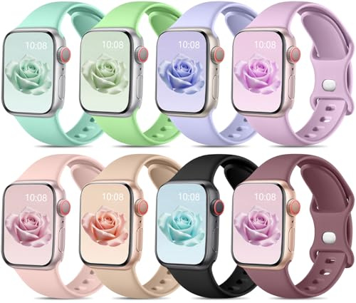 Mastten 8 Stück Sport Armbänder Kompatibel mit Apple Watch Armband 40mm 41mm 42mm 38mm Damen Herren, Weiche Silikon Wasserdicht Band für iWatch SE Armband Series 11 10 9 8 7 6 5 4 3 2 1, Makrone