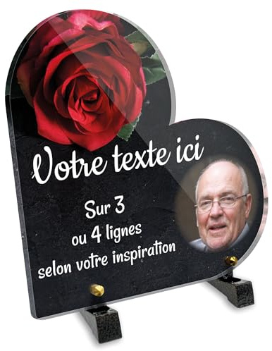 Grabschild, Herz mit Foto, personalisierbar, aus Plexiglas, Motiv rote Rose auf Schiefer, verschiedene Größen, Dicke 6 mm, personalisierbar auf mehreren Linien, 20 x 20 cm