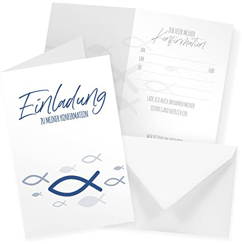 itenga Klappkarten Fisch blau DIN A6 6 Stück Einladungen Menükarten Postkarten Konfirmation für Jungen und Mädchen