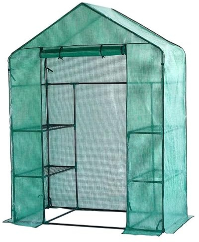 Lendo Online Gewächshaus mit wasserdichter PE-Gitterfolie - Foliengewächshaus- grün - Stahl - Tomatengewächshaus - Gartenhaus mit Pflanzenhaltern aus Stahl - Treibhaus - Balkon/Garten 143x73x196cm