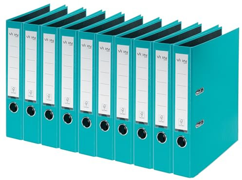 VON Leitz Ordner A4, 10er Pack, Karton mit Kunststoffeinband, 50 mm Rückenbreite, Für 350 Blatt, Blauer Engel & FSC-zertifiziert, Für Schule, Studium & Zuhause, Türkis, 10560052