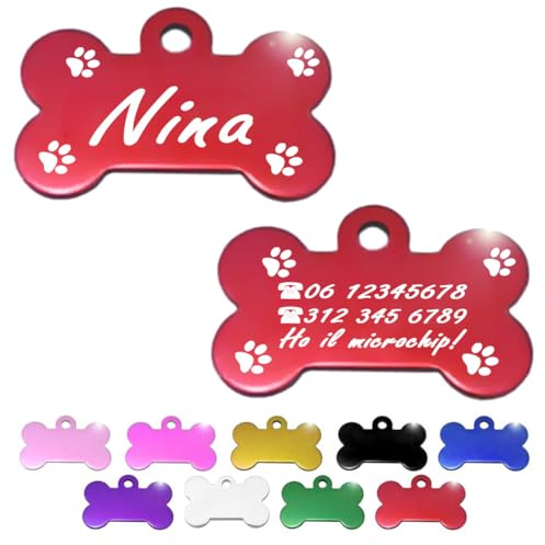 ibera gifts - Medaglietta Cane Personalizzata a Forma di Osso, Perfetta per Animali di Taglia Media e Grande, Targhetta Cane con Incisione, Medaglietta Gatto Personalizzata (Rosso, Zampe)