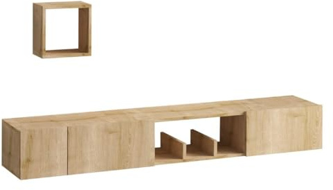 Calicosy Meuble TV Suspendu 1 Niche 3 Portes Décor Chêne Saphir Avior - L180 cm - Gain de Place - en Panneaux de Particules Recouvert de Décor Mélaminé - pour Salon - l32 x L180 x H25 cm