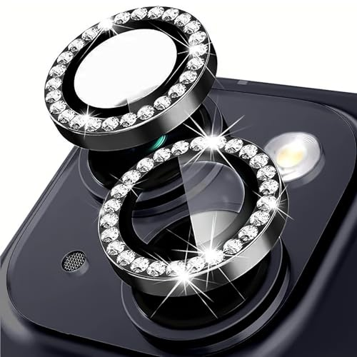 Oelrstfe Pellicola Fotocamera per iPhone 15/15 Plus,Posteriore Obiettivo Protezione Vetro Temperato,HD Trasparente Lente Schermo,Durezza 9H Anti-graffio Ultra Resistente Glitter Camera,Nero