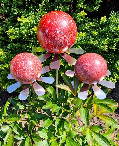 Jürgen Bocker Garten-Ambiente Blütenzauber Rotterdam 3er Set Rosenkugel 15/10/10 cm Edelstahl Gartenstecker Deko mit Stab 80 cm (rot)