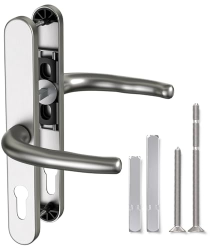 Bwintech 1 Pcs Satin Nickel Stainless Steel UPVC Door Handle,Lever/Lever Split Offset 60 and 92mm Backset,211mm Screw Hole Distance, 243mm Plate Length Front Door Handles for UPVC Door