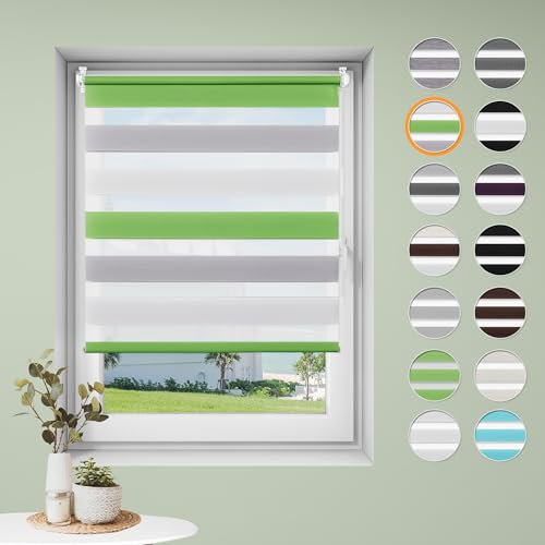 Sanfree Doppelrollo klemmfix ohne Bohren Duo Rollos für Fenster ohne Bohren Weiß-Grau-Grün B50 x H130cm-Stoffbreite 46cm Fensterrollo Klemmrollos für Fenster und Tür Sonnenschutz & Sichtschutz
