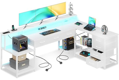 Coleshome Mesa de Juegos con Luces LED RGB, 199.5×145.5cm Escritorio de Esquina con 7 Cajones y Amplio Espacio de Almacenamiento, Escritorio en Forma de L Reversible con 2 Tomas, Blanco