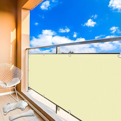 MEEYI Balkon Sichtschutz Balkonabdeckung 0.6x6m, Balkonumspannungen Balkonverkleidung Wetterfest UV-Beständig Sichtschutzmatte Ohne Bohren mit Ösen für Balkon Terrasse Schwimmbad, Beige