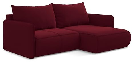 Nanea 2,5-Sitzer Ecksofa mit Schlaffunktion rechts in Rot - Schlafsofa mit Ottomane und Bettfunktion aus Samt, für Wohnzimmer, Skandinavisch Design, Oeko-Tex 207x148x86 cm, bis 450 kg belastbar