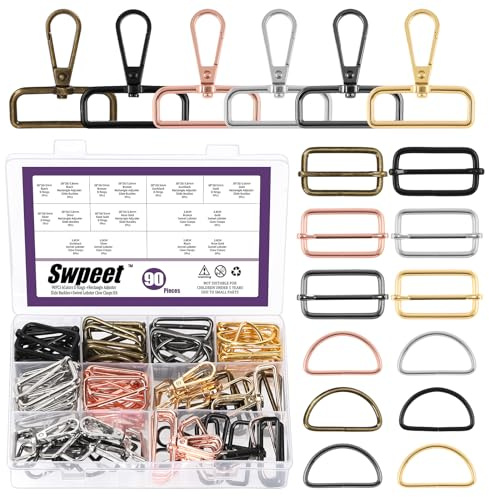 Swpeet 90 st 6 färger 38 mm metall D-ring och rektangel justerare triglides glidspänne & D-ring svängbart hummerlås, halvcirkulära D-ringar rullstift spännen svängbar snäppkrok för bälte gör-det-själv