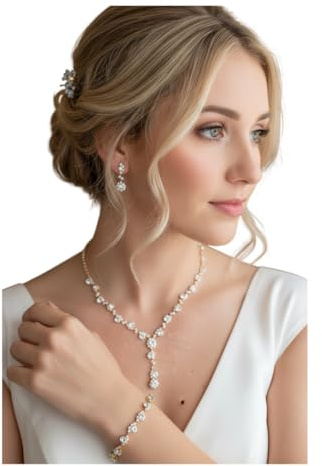 ONDEGO® Gold Strass Schmuckset, Y-Kette mit Ohrringen und Armband, 43 cm Halskette, Brautschmuck für Hochzeit und Festliche Anlässe