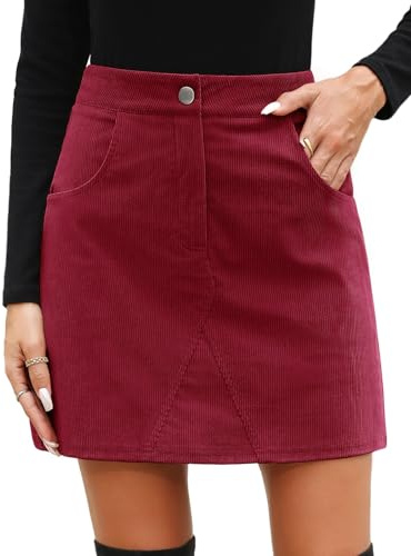 heekpek Gonna Corta Donna Autunno Invernale Vita Alta Elegante Minigonna Linea A Casual Gonne Invernali in Velluto a Coste con Tasche e Fodera, Borgogna, XXL