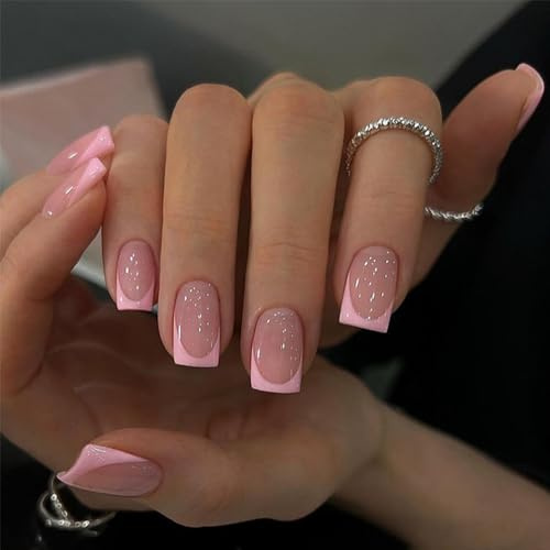 Pink French Tip False Nails - Square False Nails Short - Glossy Fake Nails With Glue - Acrylic Glue On Nail - Full Cover Stick On Nail For Women And Girls Daily Wear - 12sizes, 24pcs