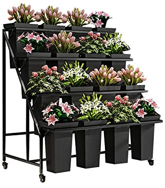 Expositor de Flores con Cubo, Soporte metálico Multicapa para Plantas, Soporte móvil con Ruedas, Resistente con 16 Cubos de plástico, Carro para Flores.