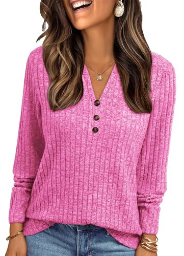 Famulily Womens V Neck Knit Tunic Tops Long Sleeve Lightweight Rib Jumpers Autumn Smart Longline Button Sweater for Leggings