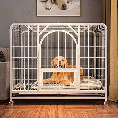 Robuster Hundekäfig aus Metall mit Ablage und Rädern, große Hundehütte für drinnen und draußen, stabiler Haustierzaun (weiß, 110 x 72 x 95 cm)